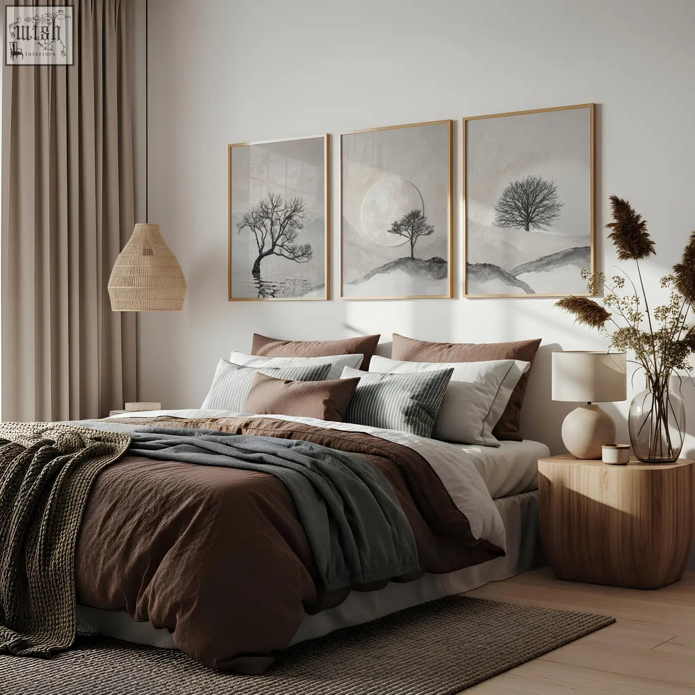 Set of three framed minimalist tree artworks with beige and black scandinavian landscape for bedroom wall decor