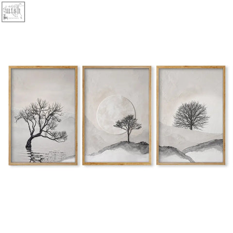 Set of three minimalist black and white framed art prints with scandinavian landscape trees for bedroom wall decor