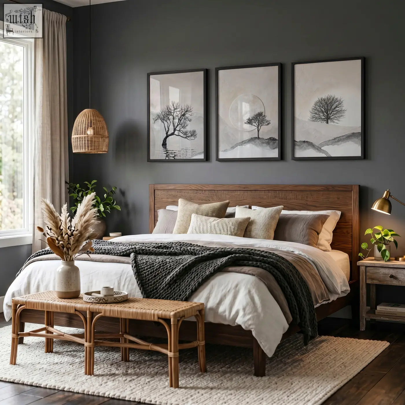 Wooden bed with dark brown finish and woven rattan headboard in a bedroom wall scandinavian landscape setting