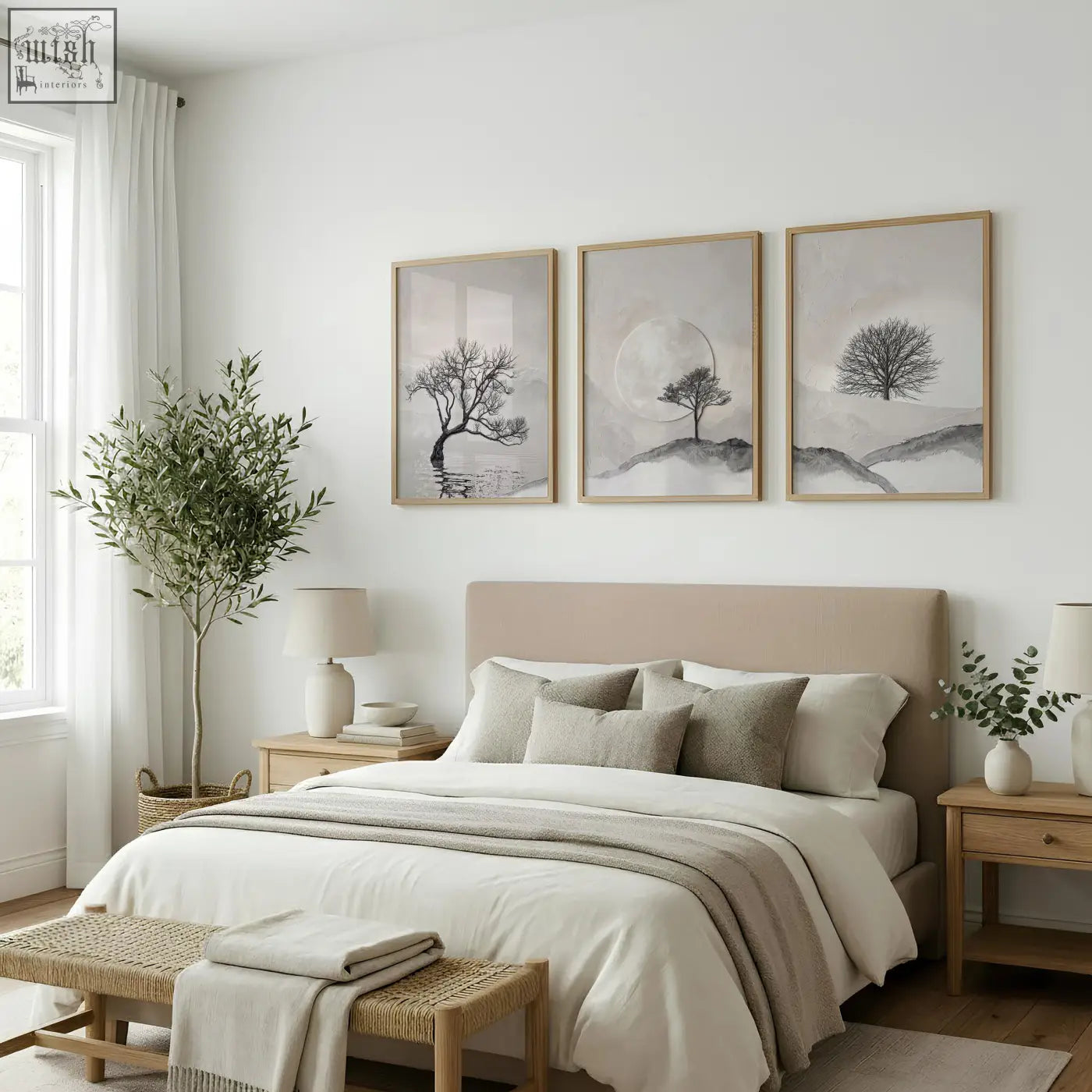 Beige upholstered bed with matching pillows and neutral throw under scandinavian landscape bedroom wall art set of 3