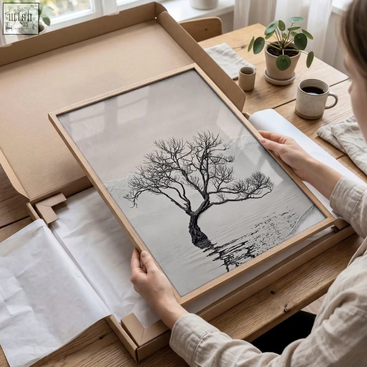 Minimalist black and white bedroom wall scandinavian landscape tree artwork in light wood frame for bedroom wall decor