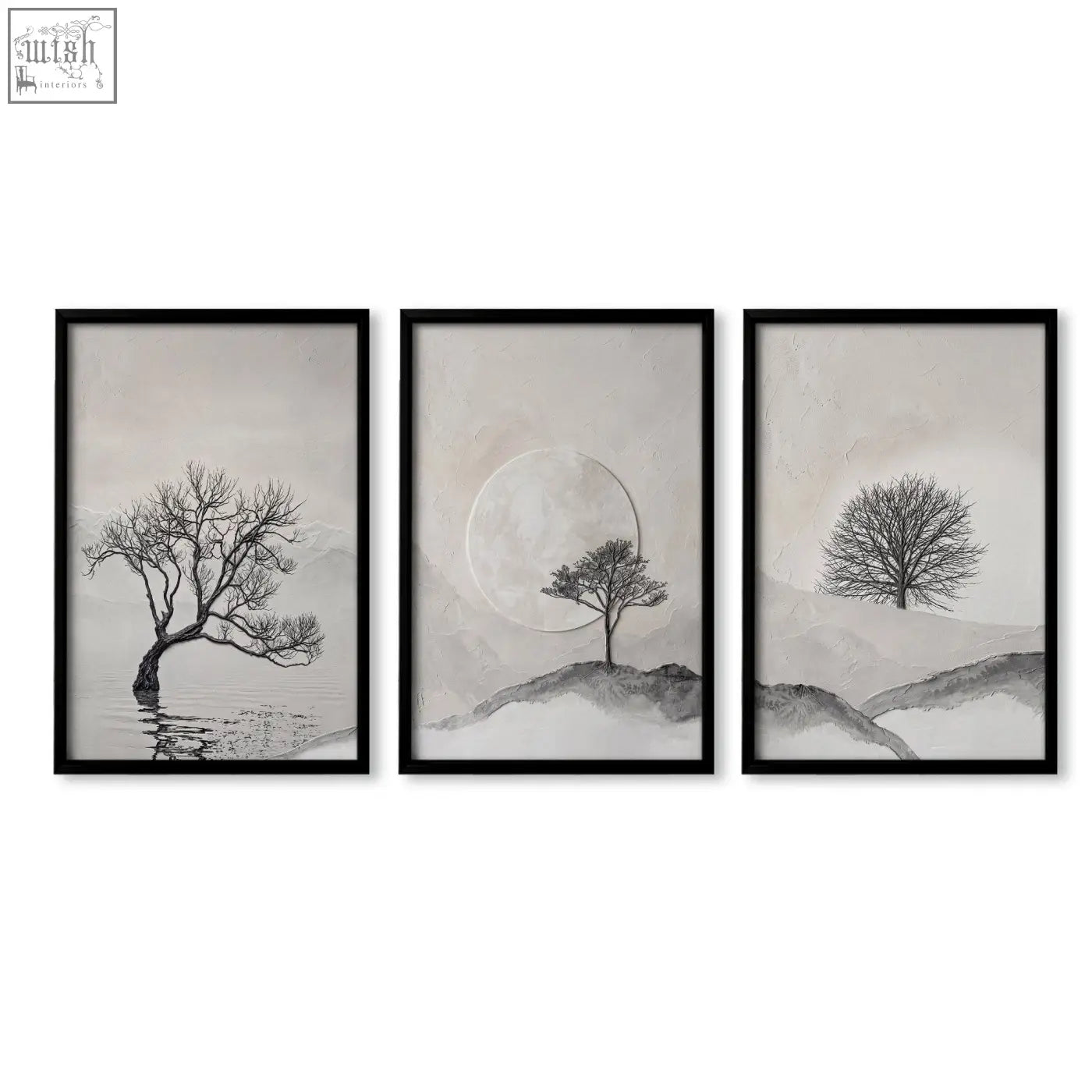 Set of three black-framed minimalist art prints featuring monochrome tree silhouettes for bedroom wall scandinavian style