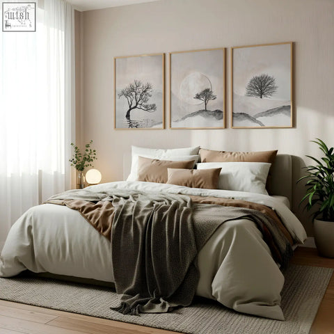 Set of three minimalist scandinavian landscape tree prints in beige and black with natural wood frames for bedroom wall