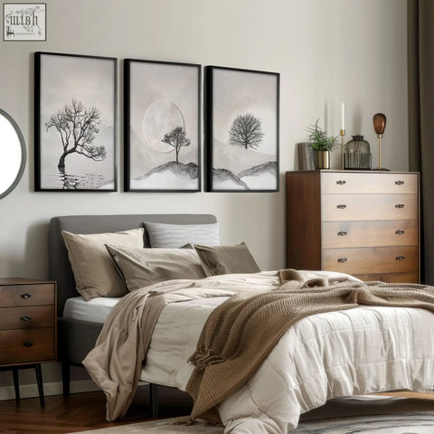 Set of three black-framed minimalist art prints with scandinavian landscape trees for bedroom wall scandinavian decor