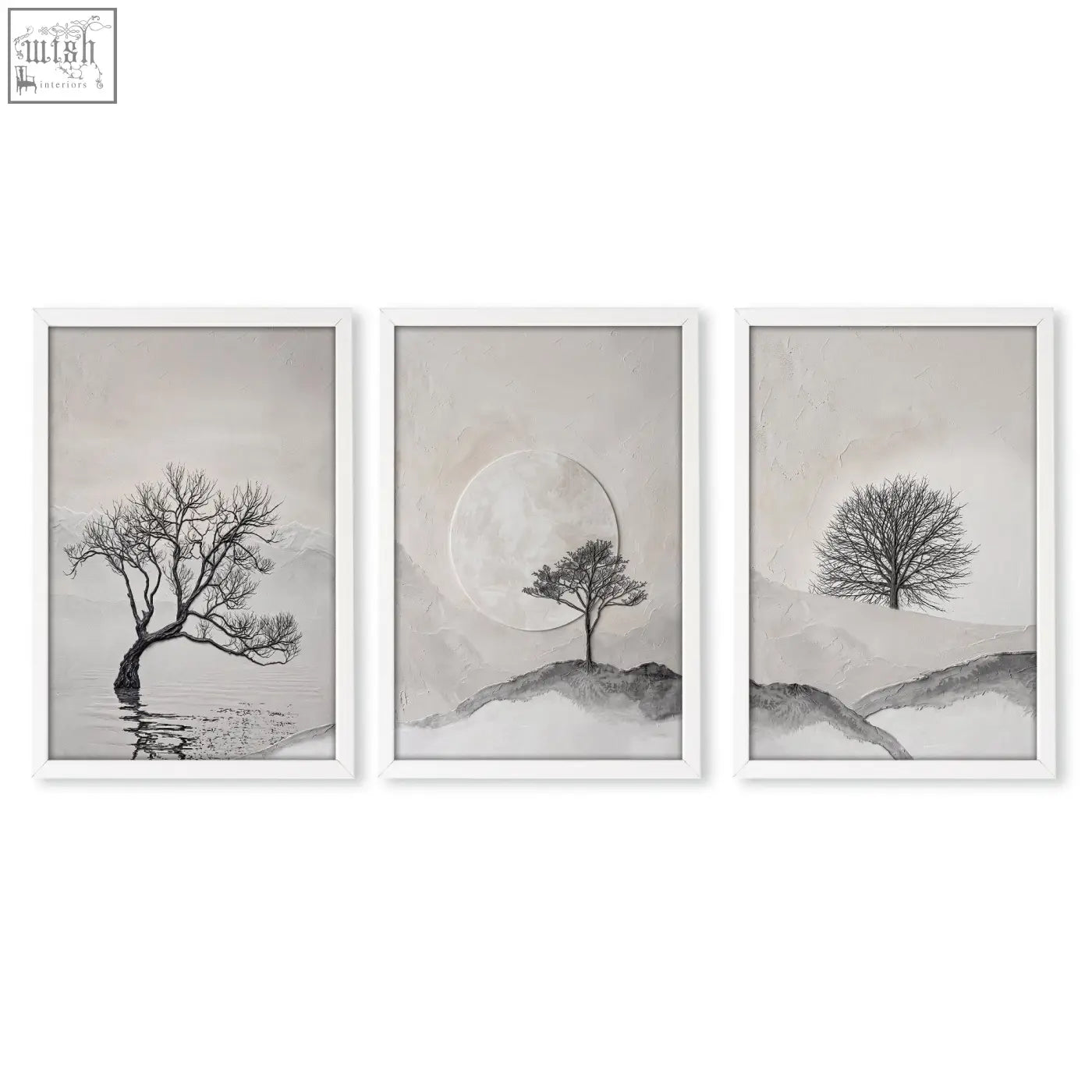 Set of 3 minimalist black and white framed art prints with solitary trees for bedroom wall scandinavian landscape decor