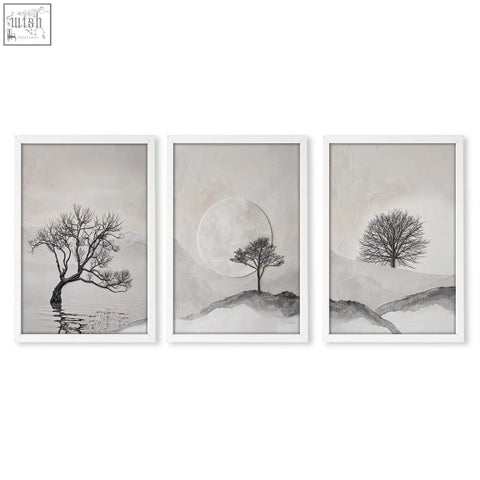 Set of 3 minimalist black and white framed art prints with solitary trees for bedroom wall scandinavian landscape decor