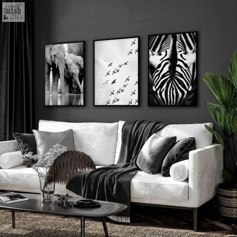 Three black and white wildlife safari art prints of an elephant, birds in flight, and zebra for living room wall decor