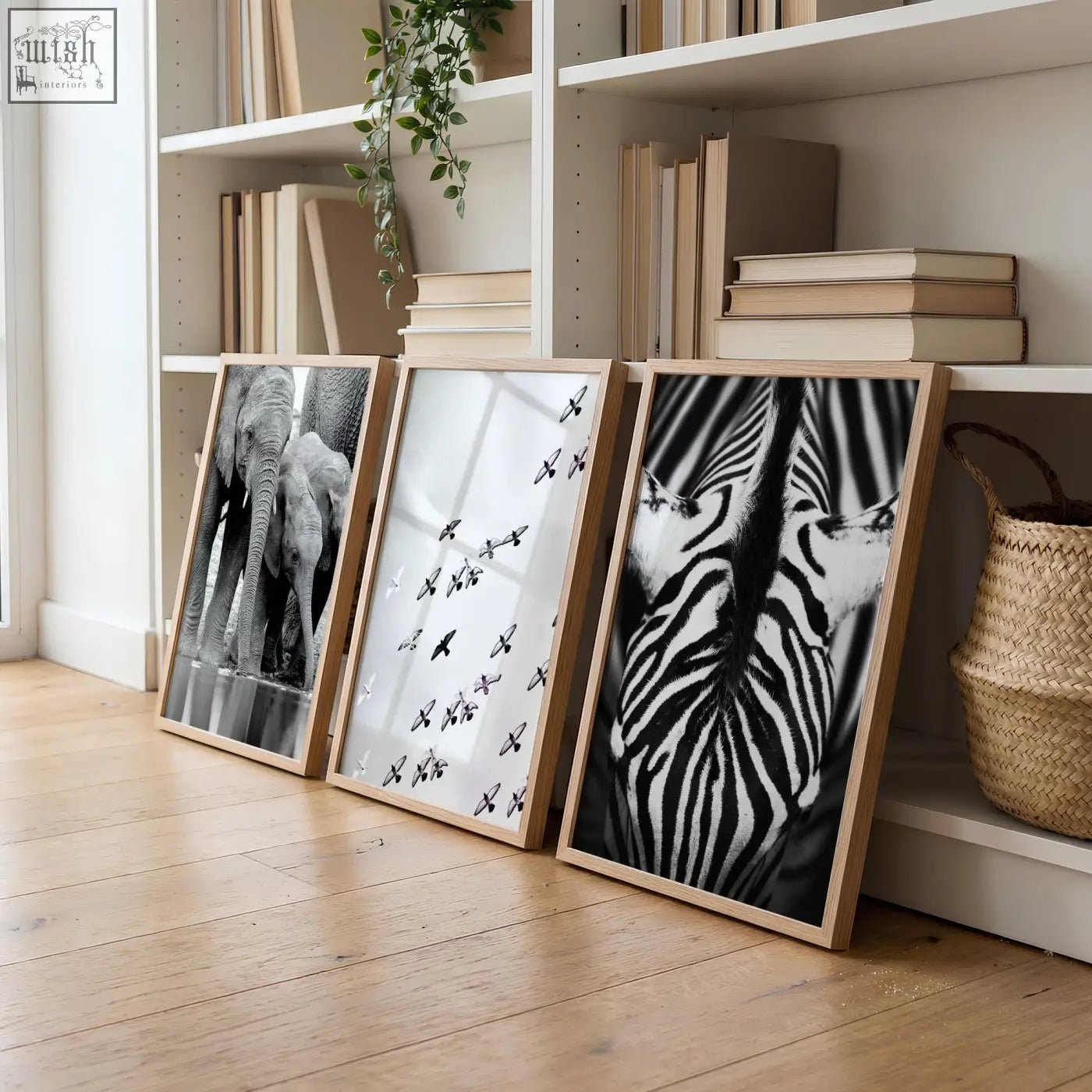 Three framed black and white wildlife safari art prints in light wood frames leaning against a living room wall