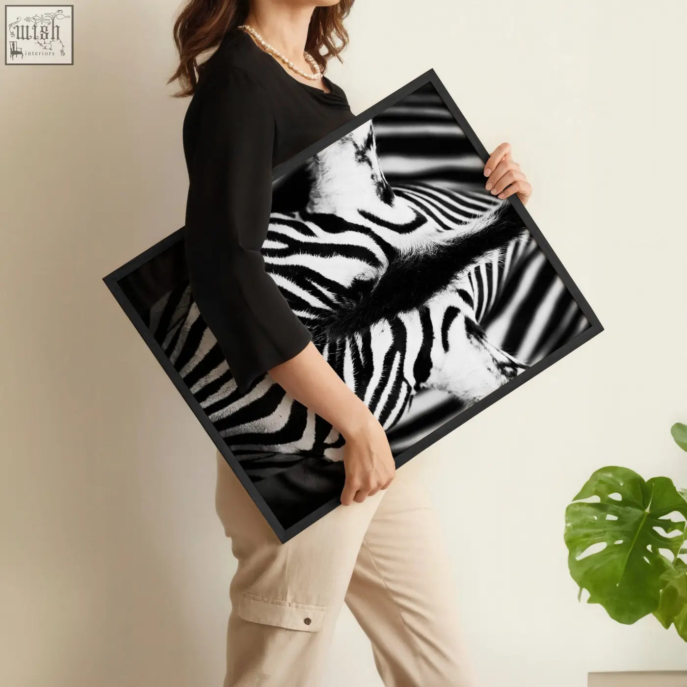 Black framed rectangular canvas print of high contrast black and white zebra photo for living room wall white wildlife decor