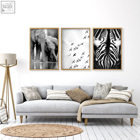 Three framed black and white wildlife safari art prints of elephants birds and zebra hang on a living room wall above a gray sofa