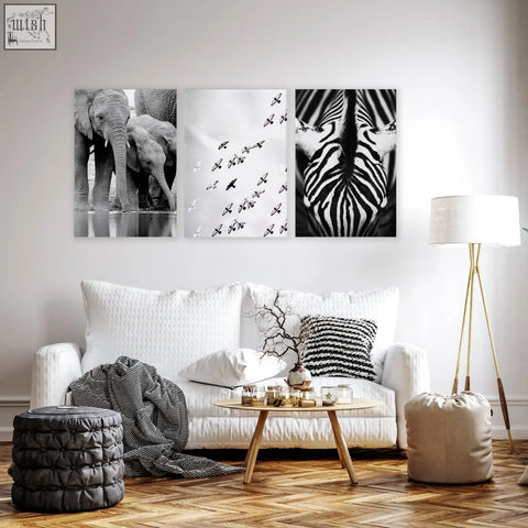 Black and white wildlife triptych art prints with elephants butterflies and zebra for living room wall decor