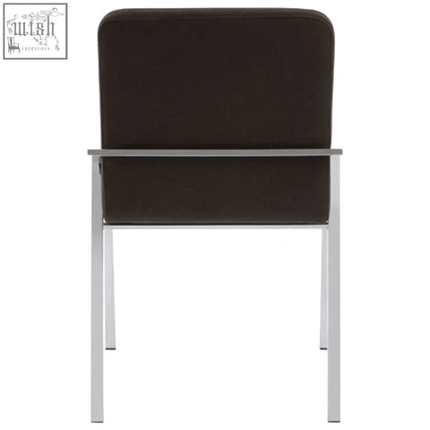 Piermount black dining chair with dark brown leather back and sleek silver metal frame perfect for black dining spaces