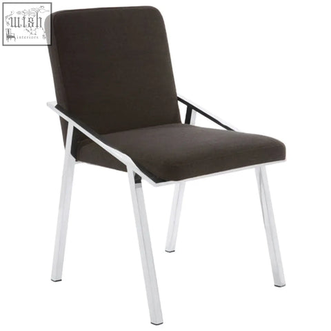 Modern minimalist piermount black dining chair with dark brown upholstered seat and chrome metal legs