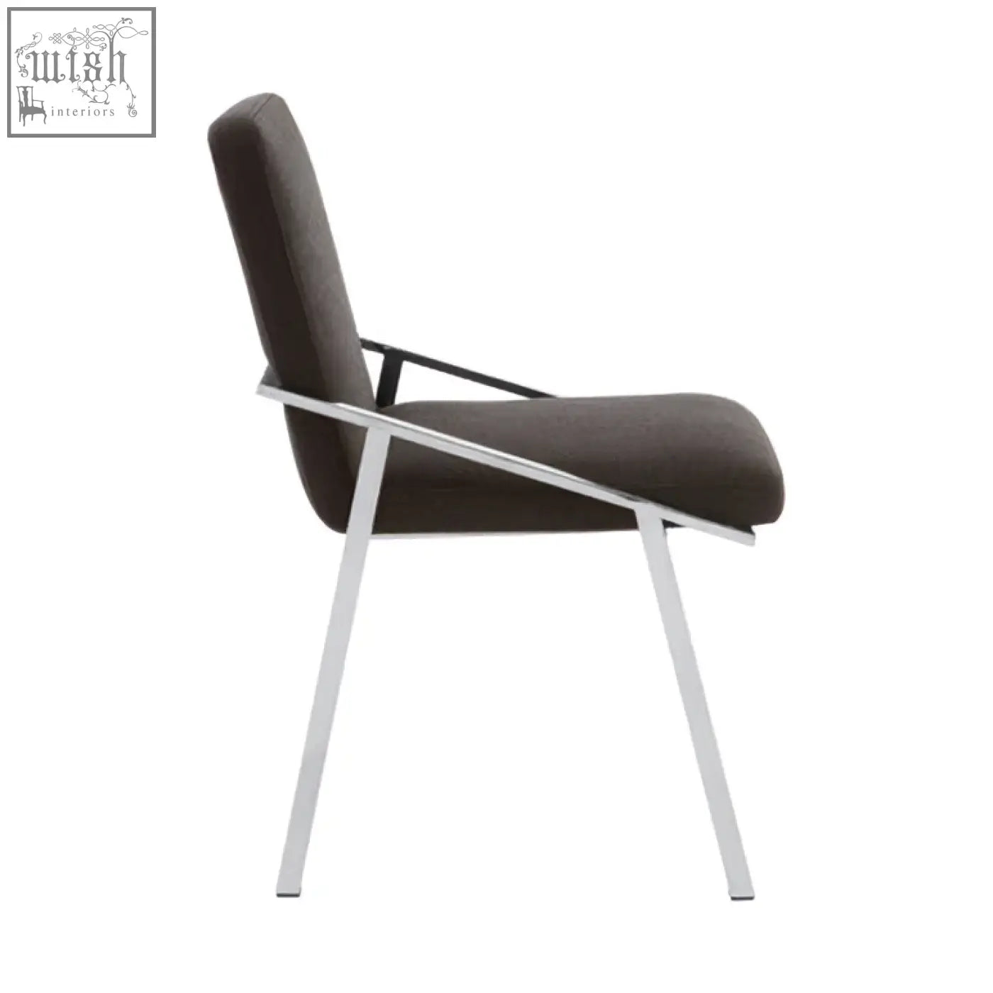 Modern minimalist black dining chair with sleek chrome frame and dark gray upholstered seat for dining use