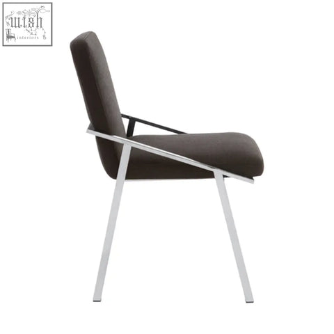 Modern minimalist black dining chair with sleek chrome frame and dark gray upholstered seat for dining use