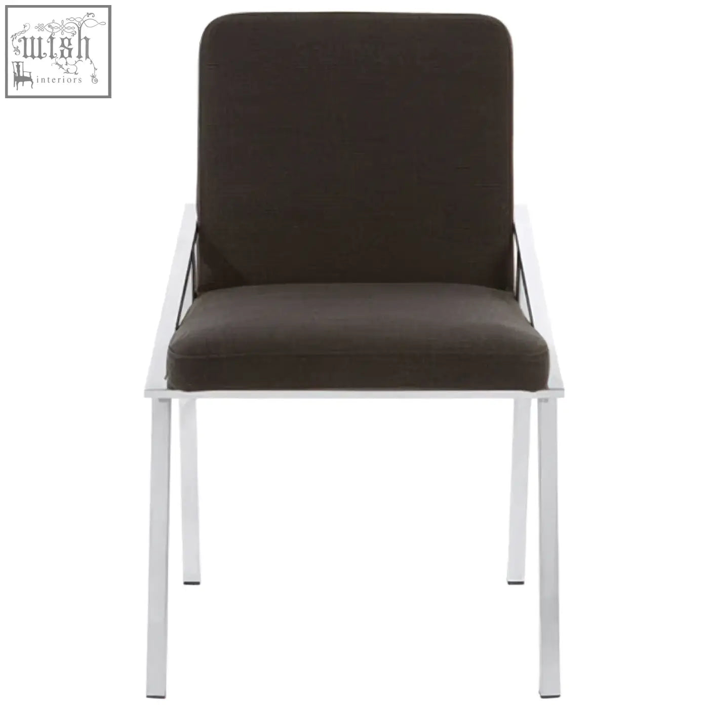Modern minimalist piermount black dining chair with white metal frame and dark brown upholstered seat and backrest