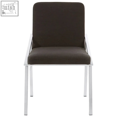 Modern minimalist piermount black dining chair with white metal frame and dark brown upholstered seat and backrest