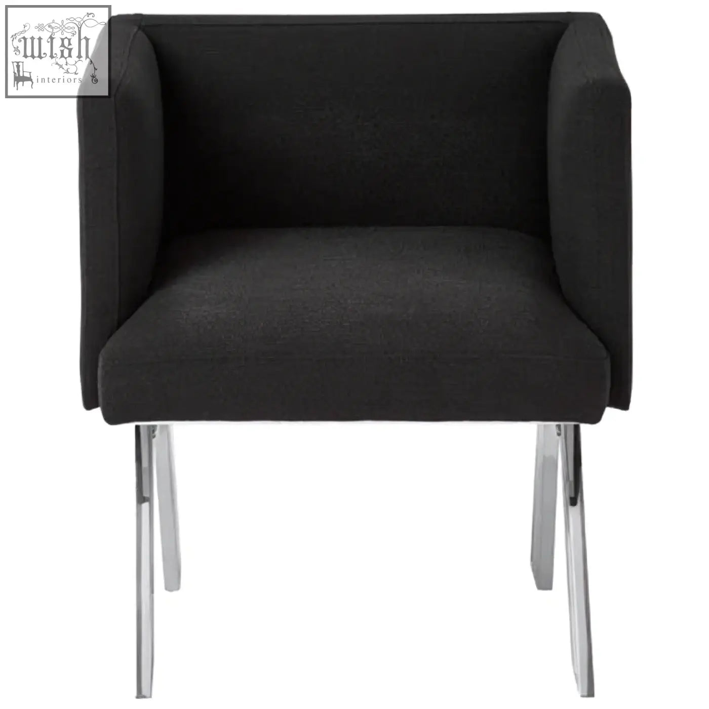Black dining chair with silver legs featuring comfortable black upholstery and sleek chrome feet for dining use