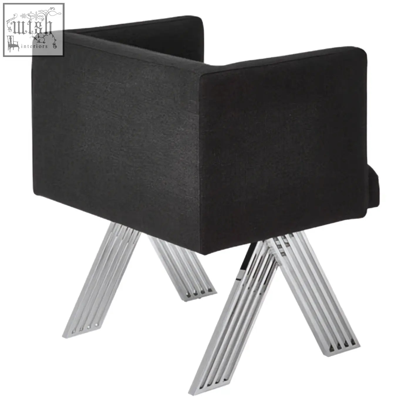 Black dining chair with black upholstery and modern angular design featuring silver legs for dining use