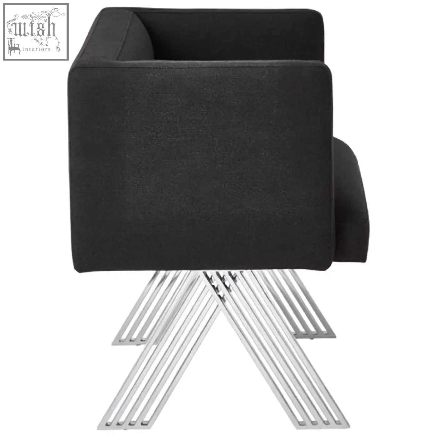 Piermount black dining chair with black upholstered seat and silver legs featuring a modern angular design