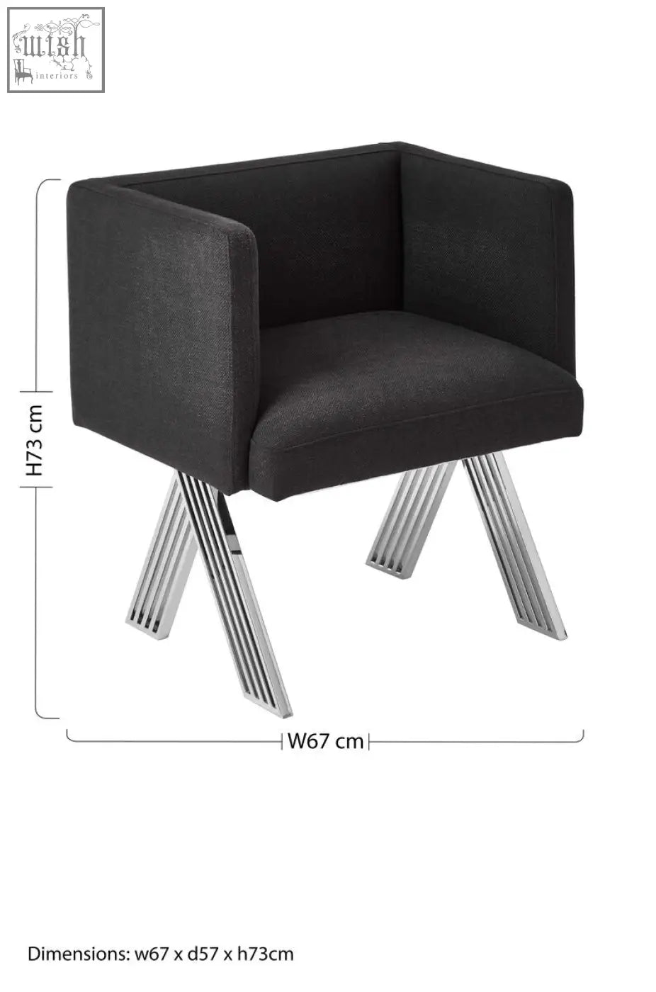 Black dining chair with silver legs featuring black upholstery and chrome x-shaped base for stylish dining seating