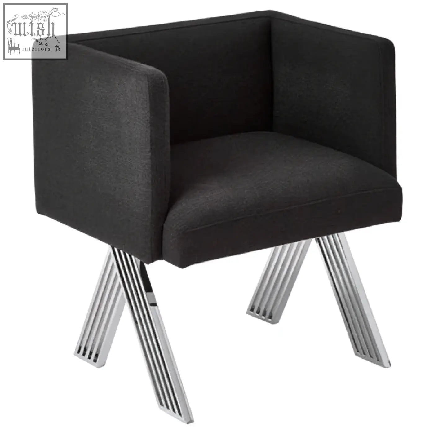 Black dining chair with black upholstery and sleek silver legs perfect for modern dining spaces