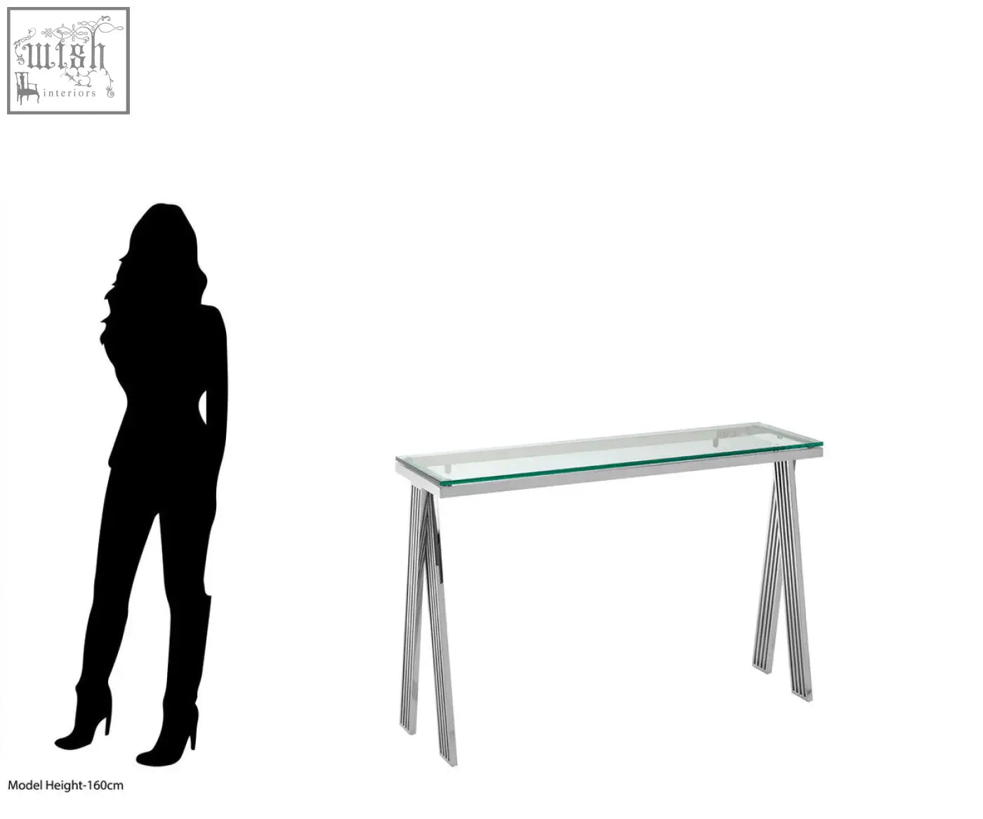Modern piermount clear glass console table with sleek chrome ridged metal legs and a clear glass console top