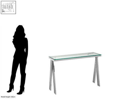 Modern piermount clear glass console table with sleek chrome ridged metal legs and a clear glass console top