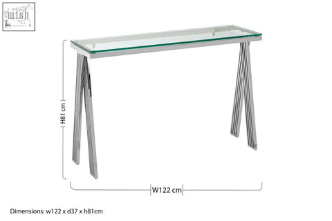 Modern piermount clear glass console table with sleek chrome legs featuring vertical grooves and clear glass top