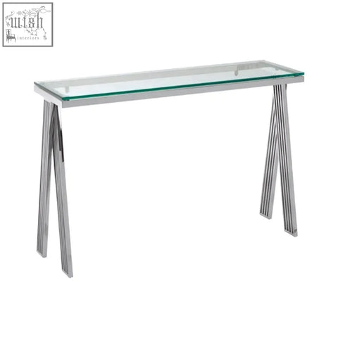 Piermount clear glass console table with modern chrome finish and sleek angled legs featuring a clear glass console top