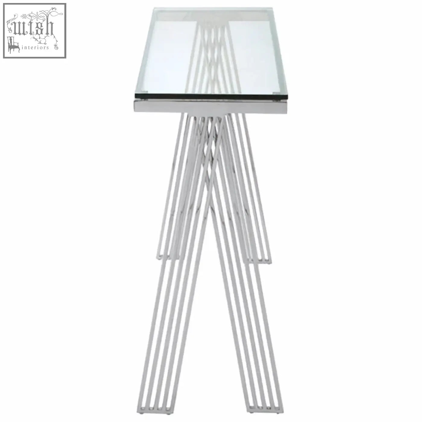 Piermount clear glass console table with modern chrome metal frame and geometric tripod legs in clear glass design