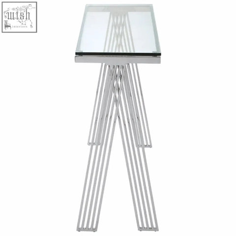 Piermount clear glass console table with modern chrome metal frame and geometric tripod legs in clear glass design