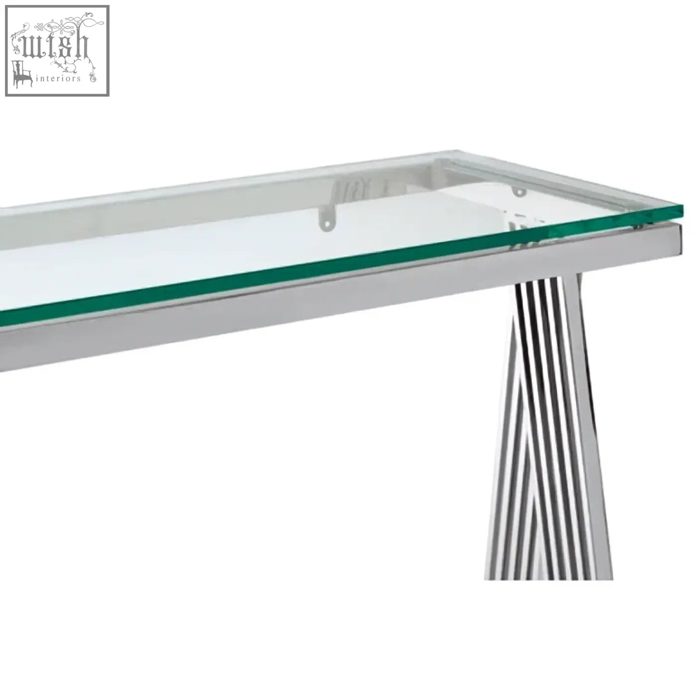 Modern clear glass console table with sleek chrome legs and distinctive vertical striped design piermount clear glass console