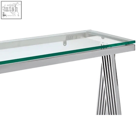 Modern clear glass console table with sleek chrome legs and distinctive vertical striped design piermount clear glass console