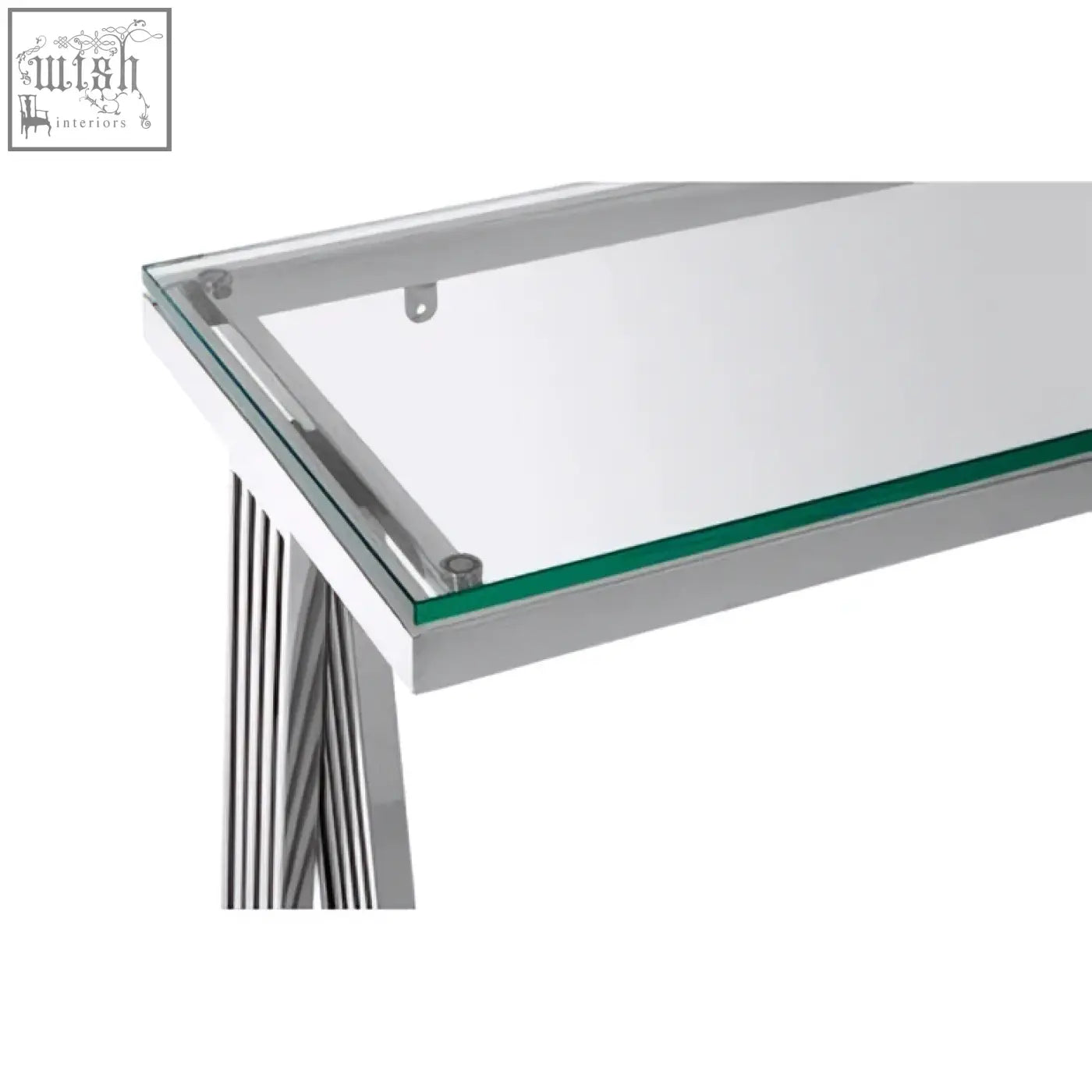 Piermount clear glass console table with sleek glass top and polished chrome frame and slender metal legs