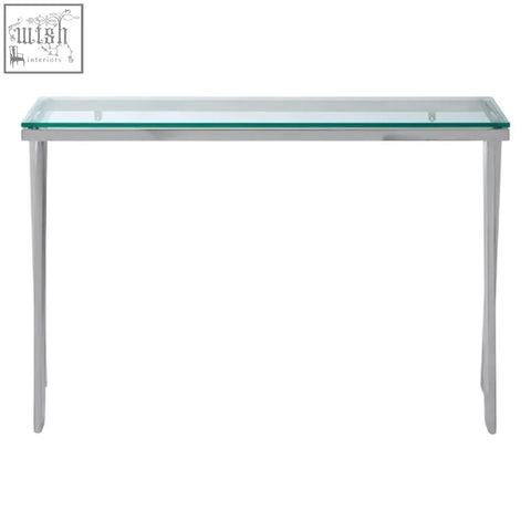 Sleek piermount clear glass console table with transparent glass top and slender chrome legs for modern spaces
