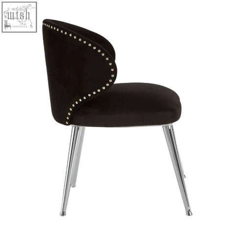 Black velvet piermount dining chair with chrome legs and silver nailhead trim perfect for dining room seating