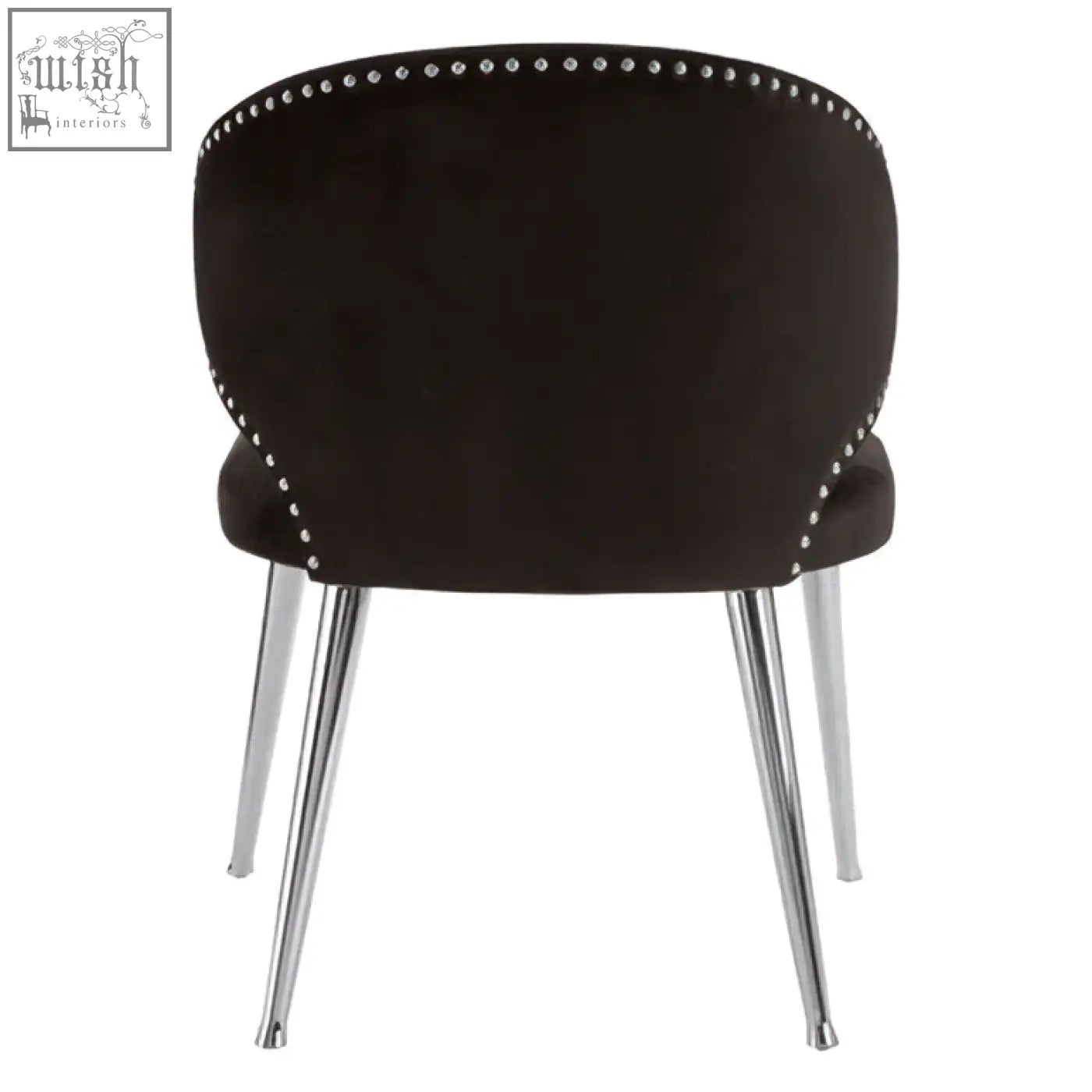 Black velvet piermount dining chair with chrome legs and decorative nailhead trim perfect for dining room use