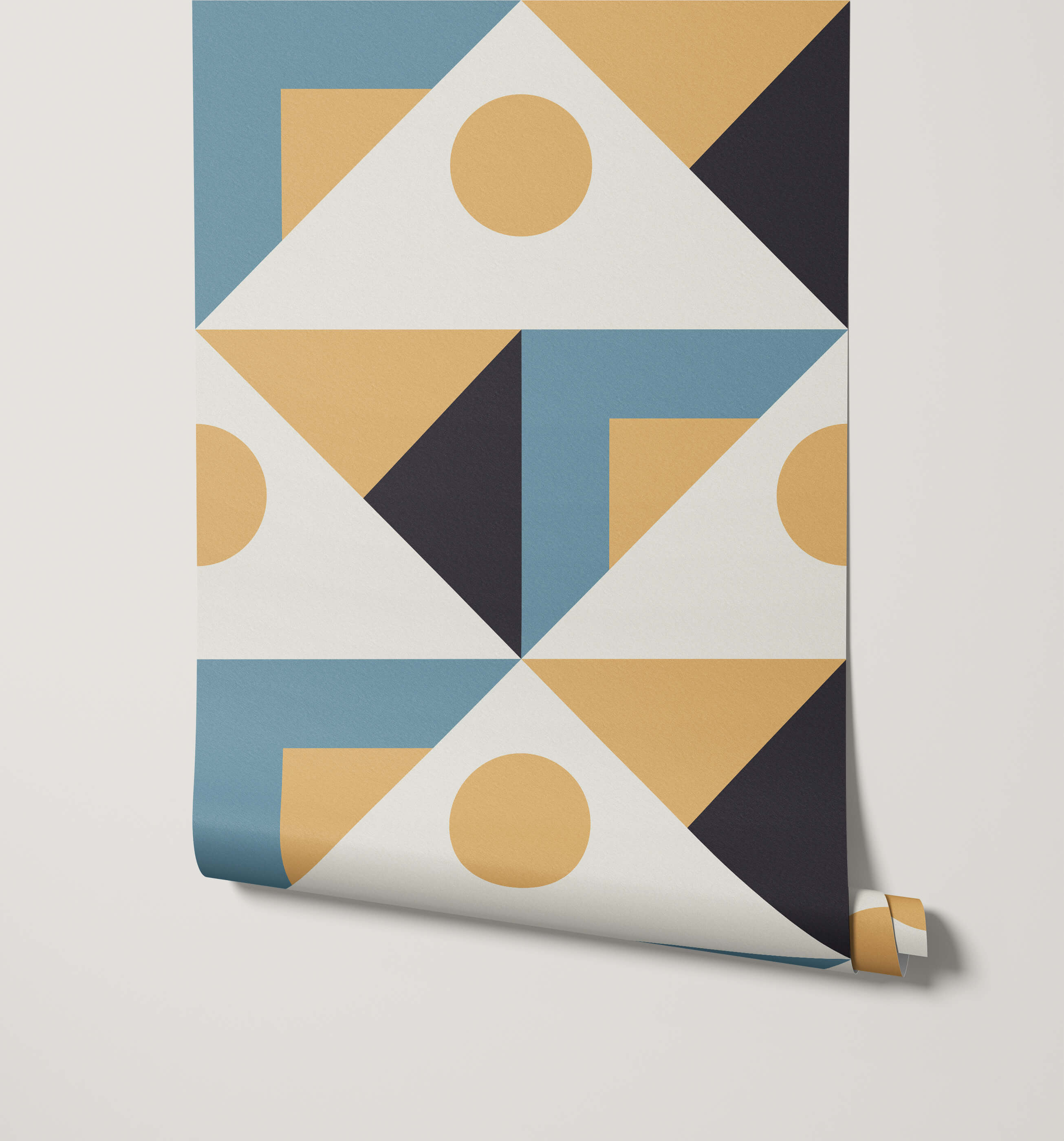 Pierre triangle wallpaper with a geometric triangle pattern in navy blue light blue and mustard yellow on white background