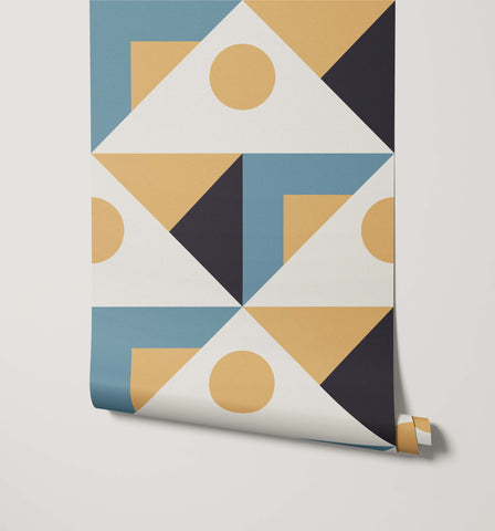 Pierre triangle wallpaper with a geometric triangle pattern in navy blue light blue and mustard yellow on white background