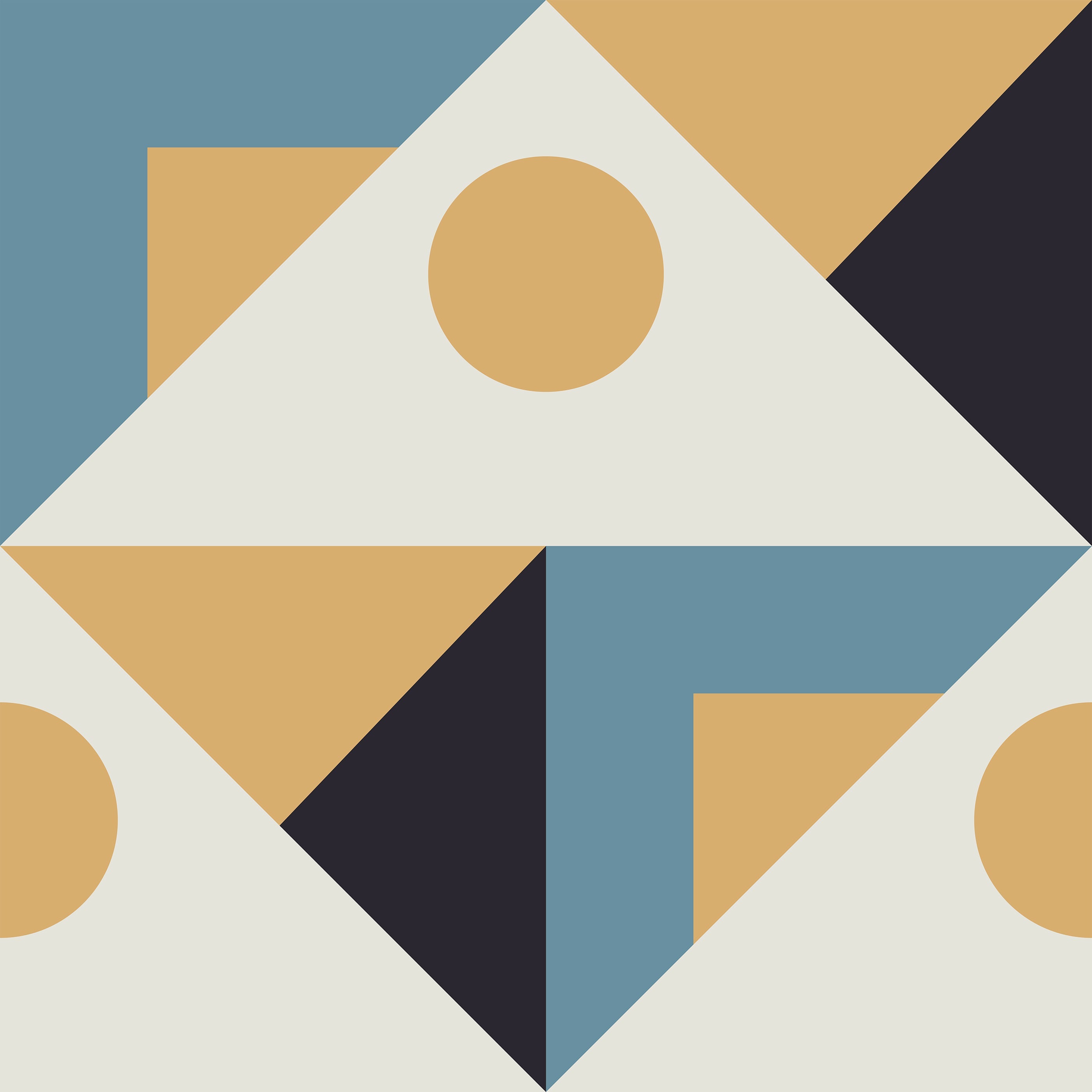 Pierre geometric triangle wallpaper featuring overlapping triangles circles and squares in muted beige and navy tones with sharp lines