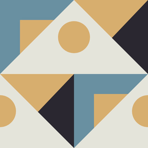 Pierre geometric triangle wallpaper featuring overlapping triangles circles and squares in muted beige and navy tones with sharp lines