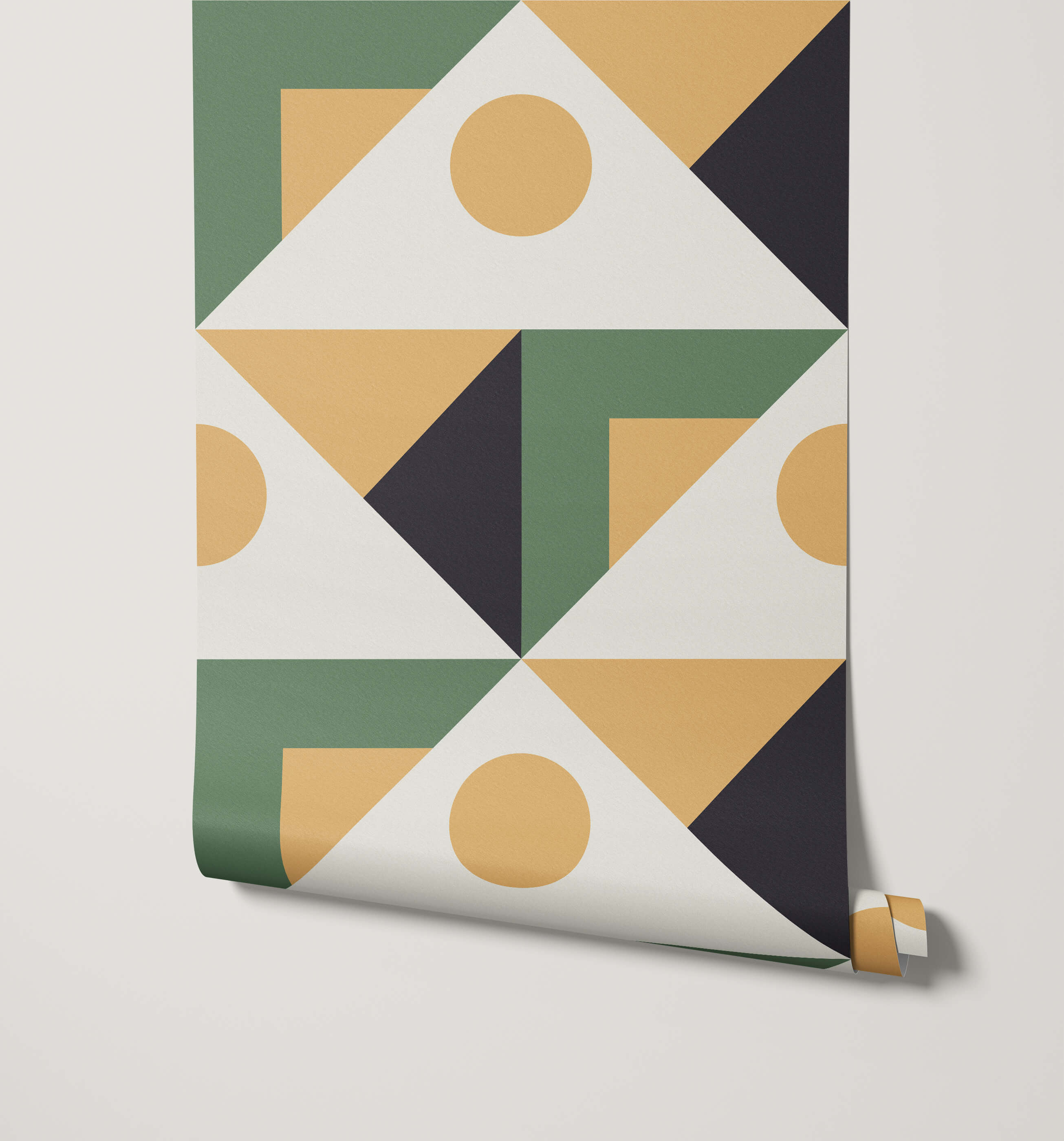 Pierre geometric triangle wallpaper with modern green mustard yellow black and white triangles and circles pattern