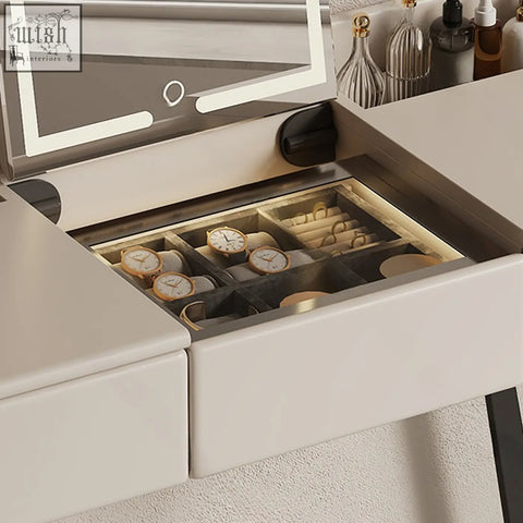 Beige pilar dressing table with led mirror and organized jewelry compartments perfect for easy storage and style