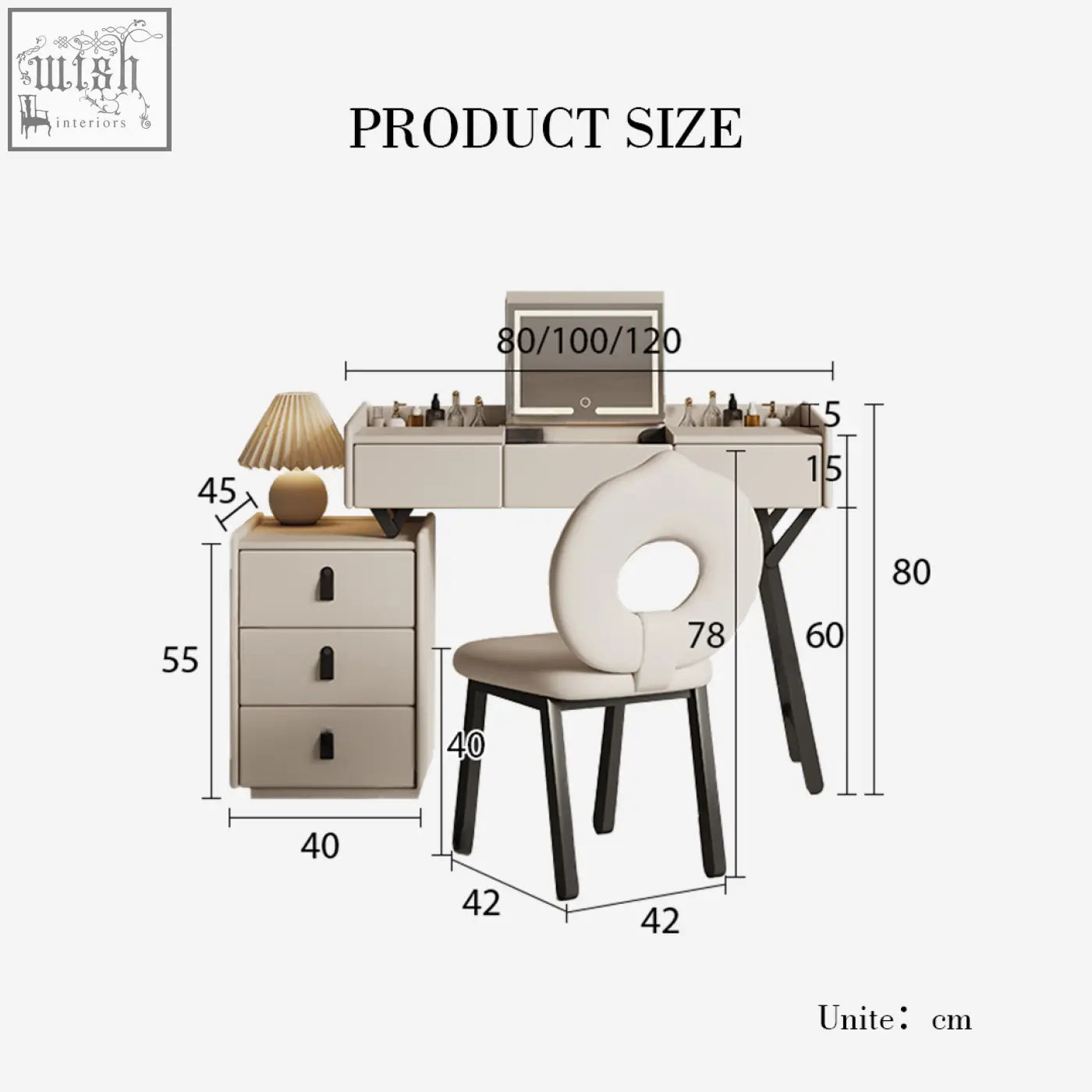 Beige pilar dressing table with led mirror and drawers paired with black-legged chair featuring a circular backrest, cream color