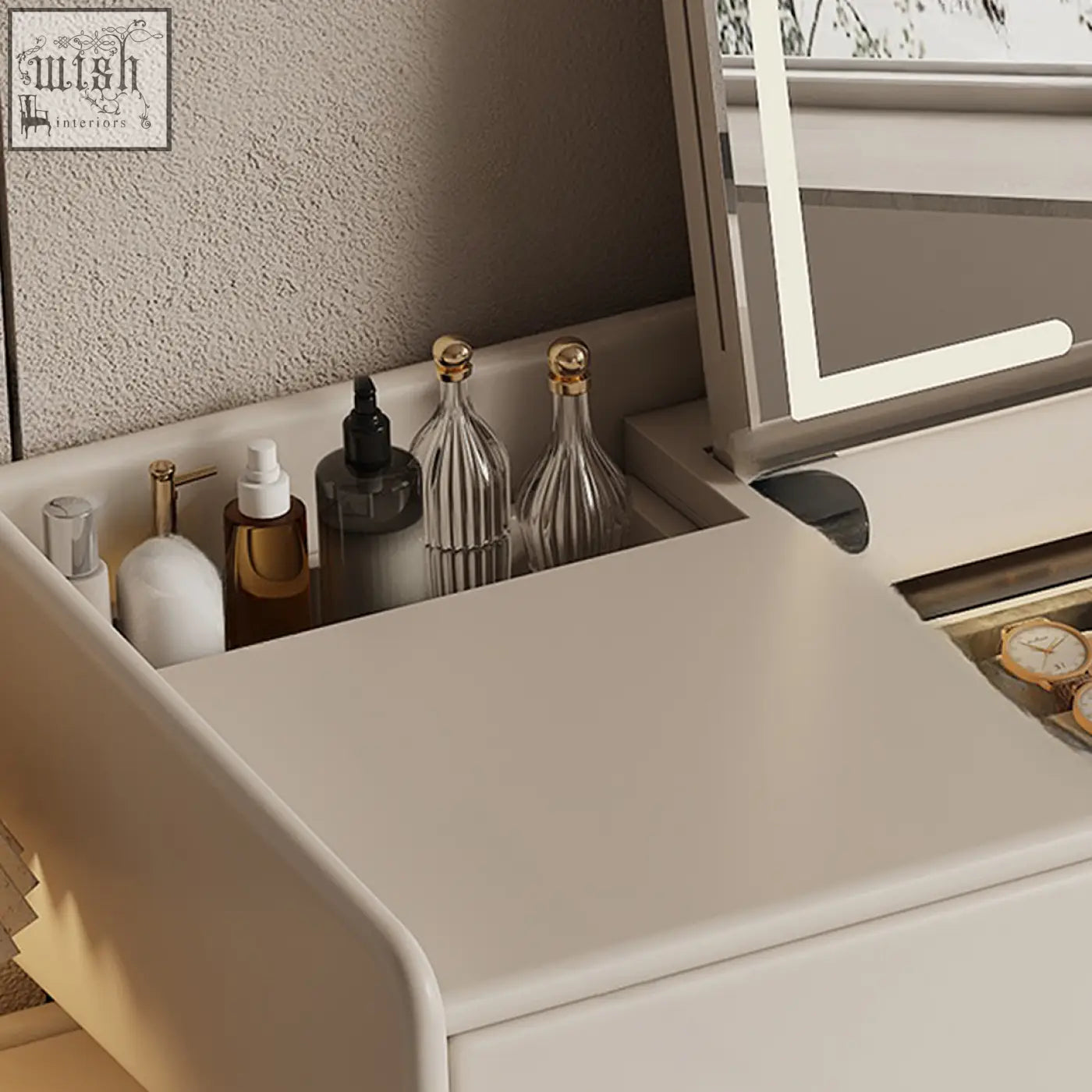 Beige pilar dressing table with sleek modern design led mirror and drawers cream color great for low shipping cost