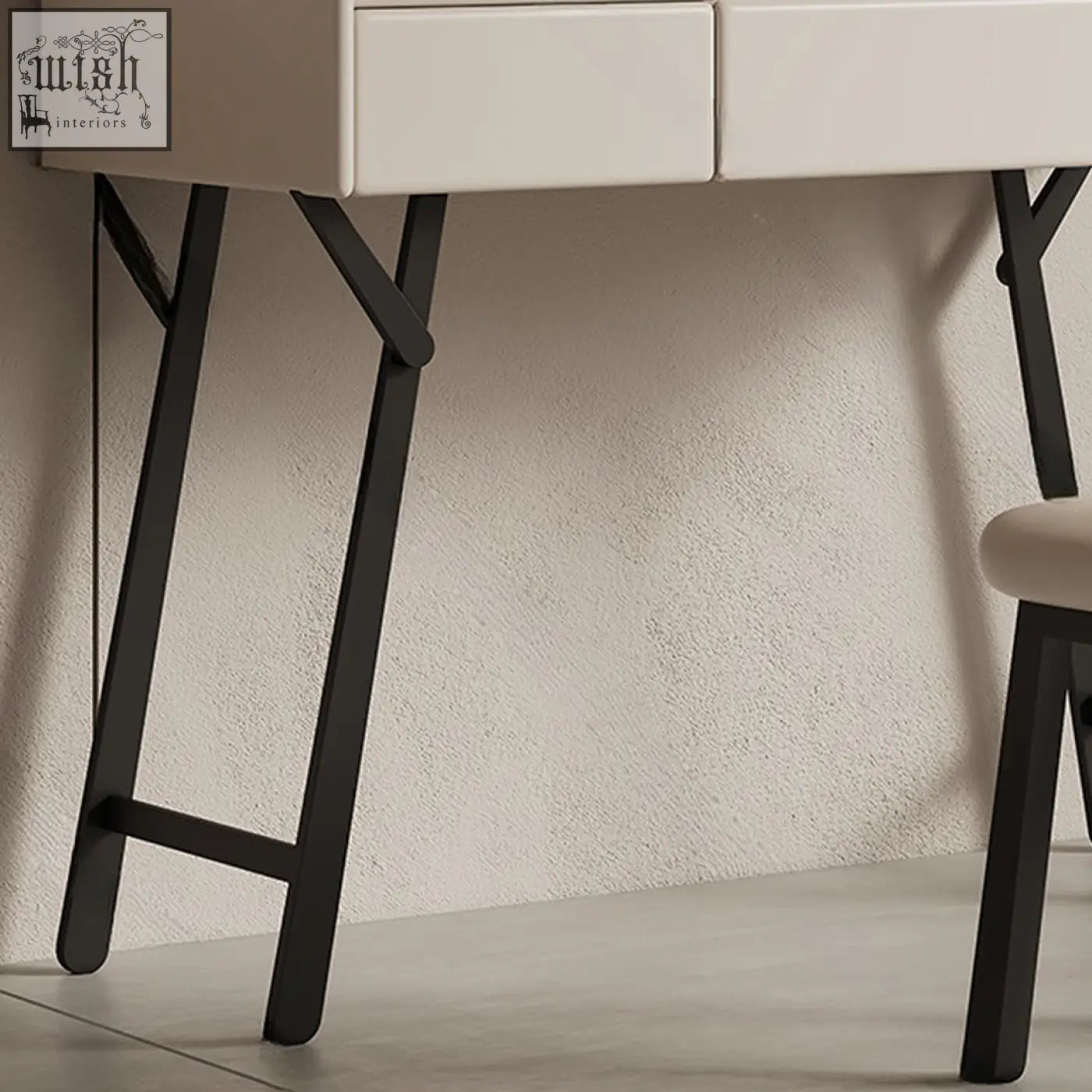 Black metal x shaped legs supporting a cream pilar dressing table with led mirror and drawers, perfect for shipping cost savings