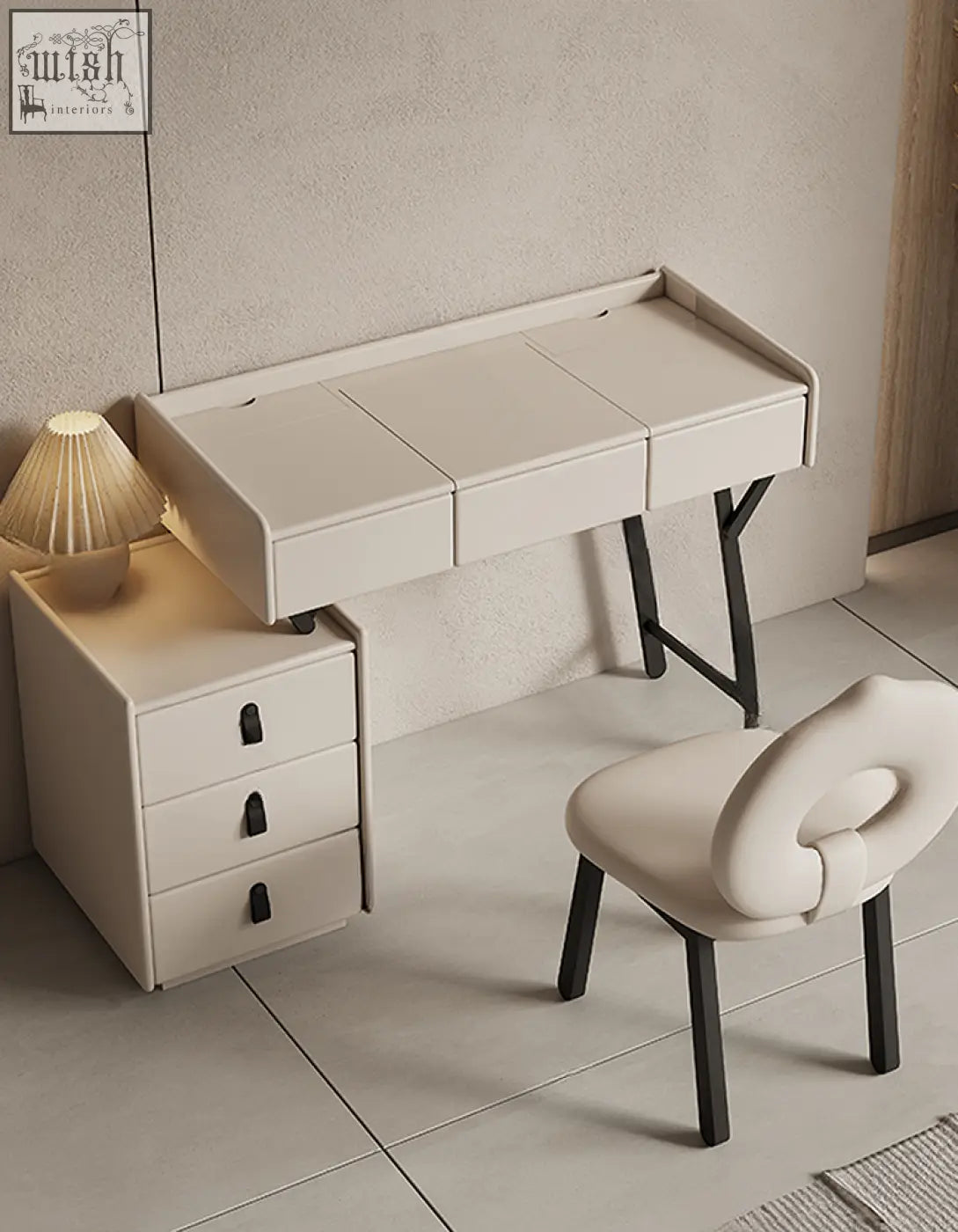 Cream-colored faux leather Pilar dressing table with LED mirror and drawers featuring black metal legs, offer financing available