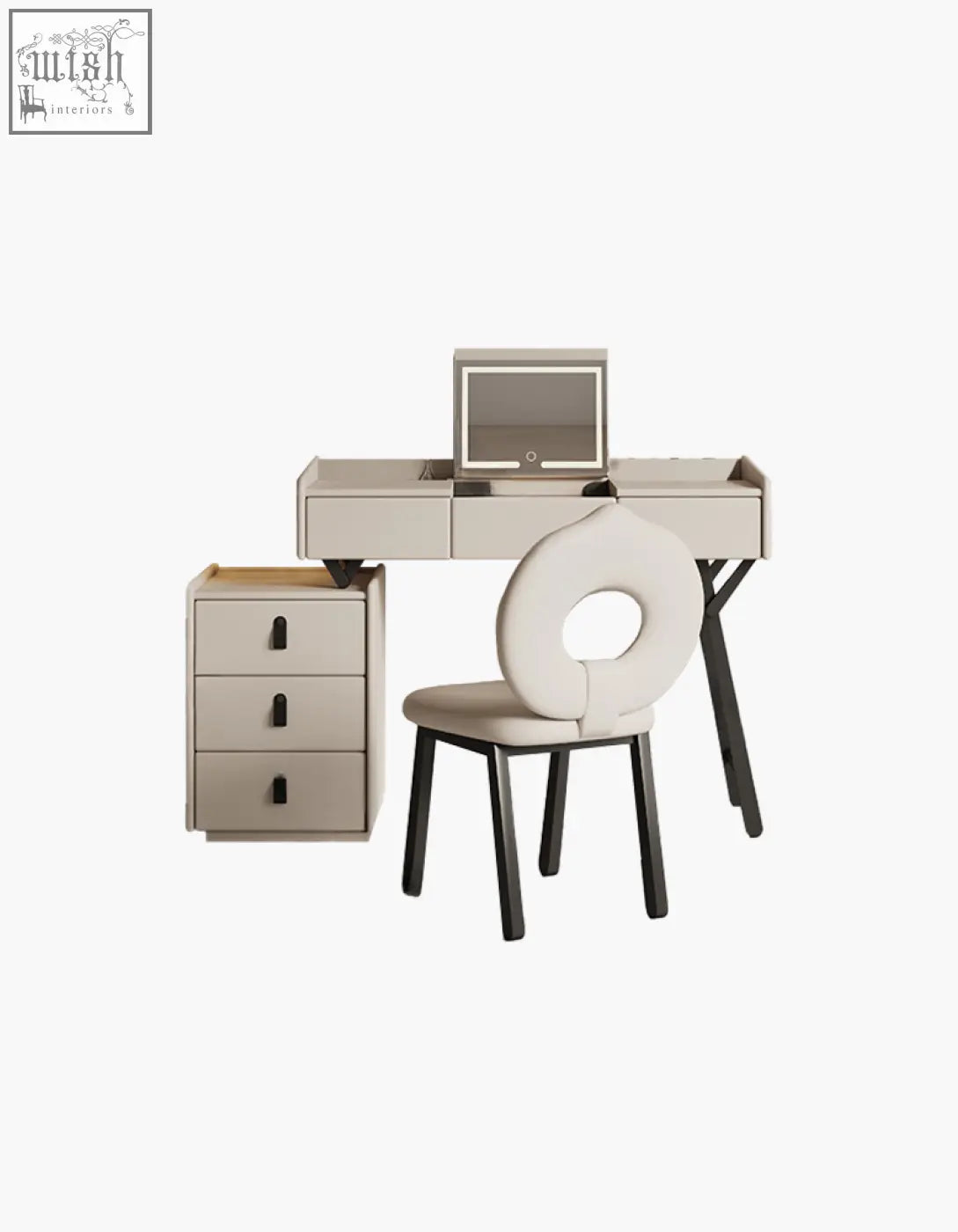 Modern beige pilar dressing table with led mirror drawers circular back chair and matching side cabinet with low shipping cost