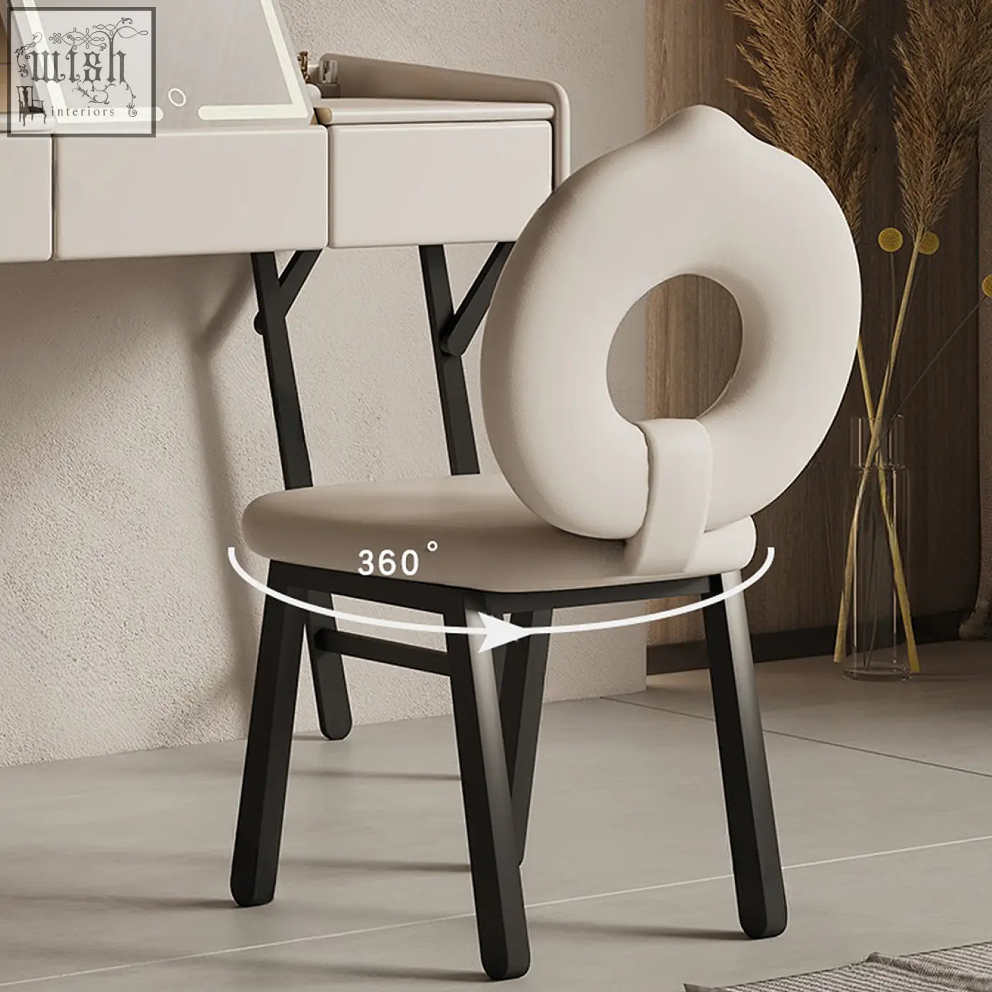 Cream modern upholstered chair with circular back and black metal legs pairs well with pilar dressing table and financing offers